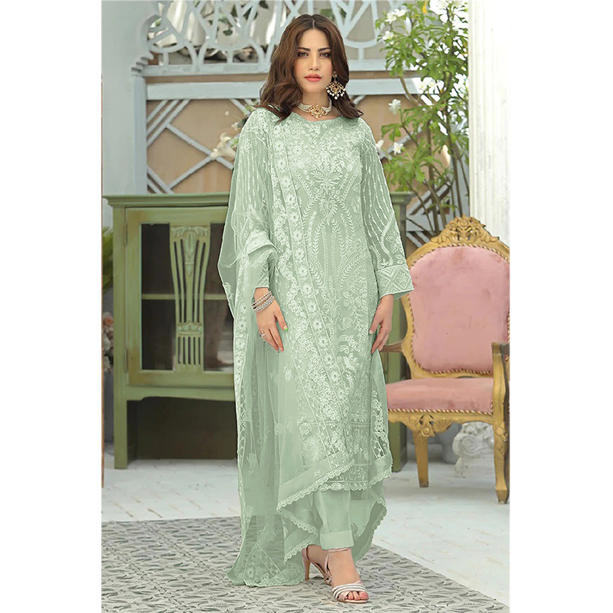 Shafnufab Women's Georgette Semi-Stitched Pakistani Suit In Green Colo Shafnu Fab Shafnufab Women's Georgette Semi-Stitched Pakistani Suit In Green Colo Shafnu Fab