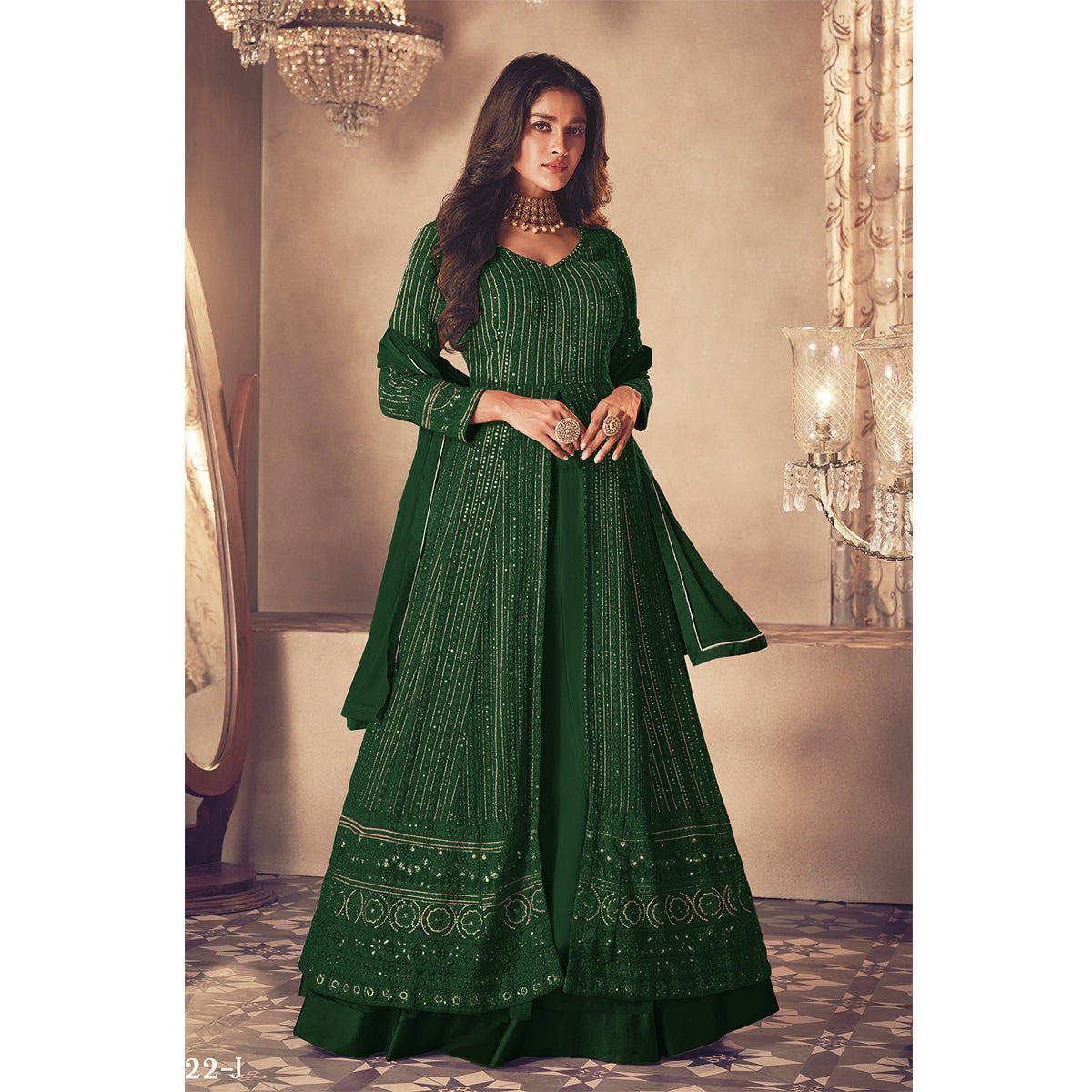 Shafnufab Georgette Fabric Green Color Sangeet Wear Sharara Top Lehenga