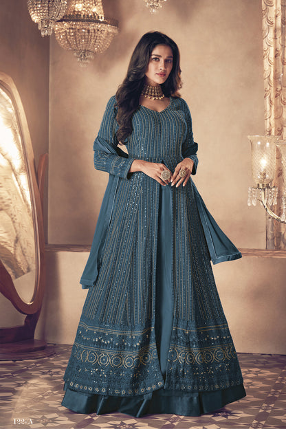Shafnufab Women's Georgette Semi Stitched Pakistani Salwar Suit ( SF171348 _ Blue _ Free Size)