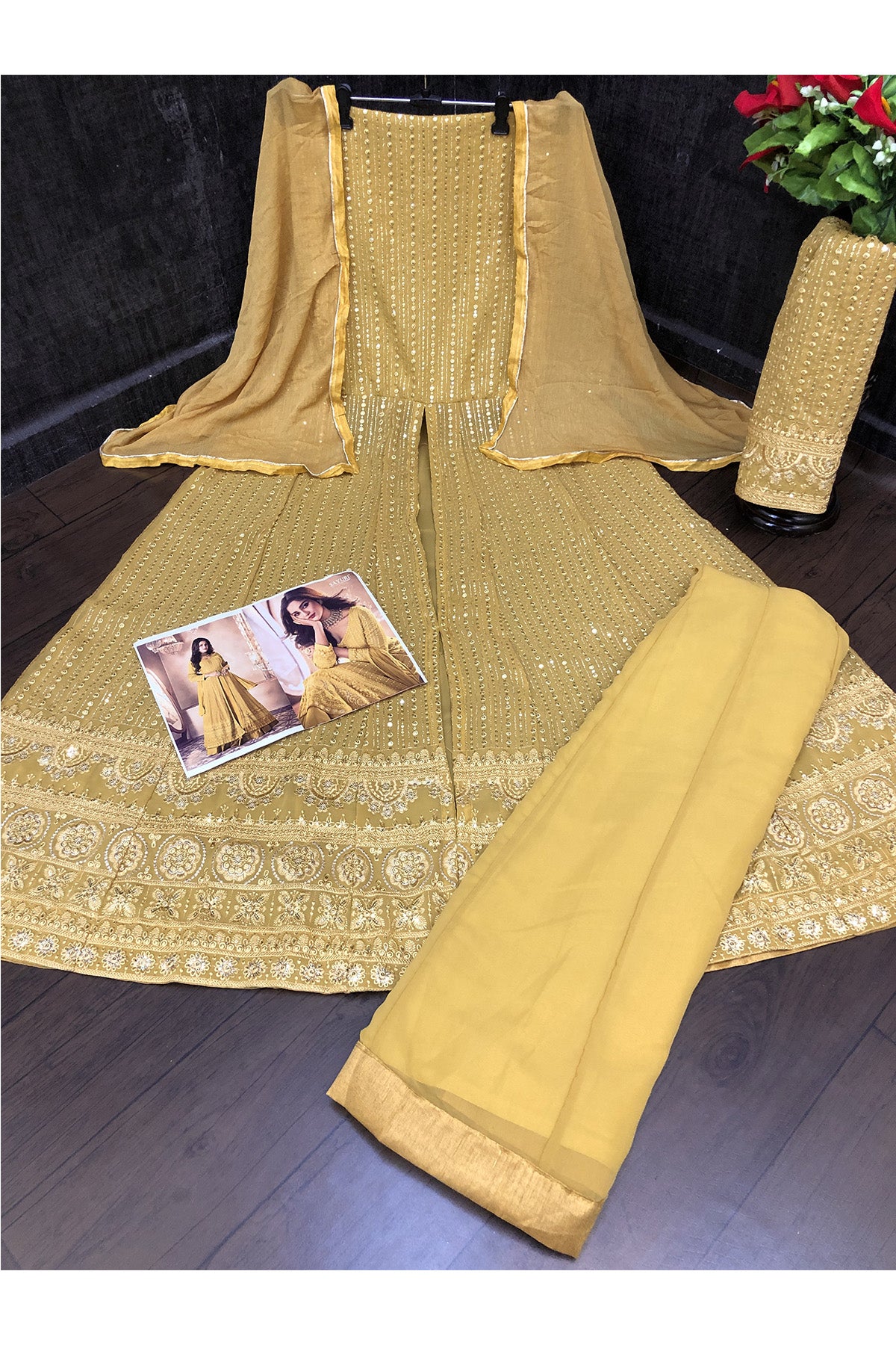 Shafnufab Women's Georgette Semi Stitched Pakistani Salwar Suit ( SF171350 _ Yellow _ Free Size)