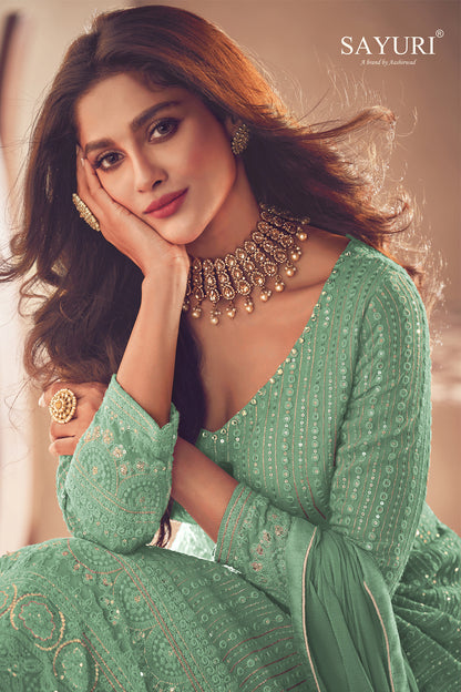 Shafnufab Women's Georgette Semi Stitched Pakistani Salwar Suit ( SF171352 _ Green _ Free Size)