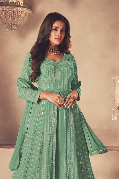 Shafnufab Women's Georgette Semi Stitched Pakistani Salwar Suit ( SF171352 _ Green _ Free Size)