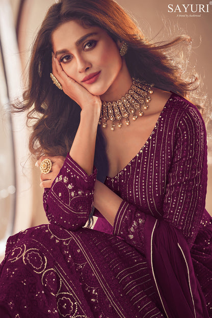 Shafnufab Women's Georgette Semi Stitched Pakistani Salwar Suit ( SF171369 _ Purple _ Free Size)