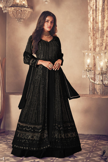 Shafnufab Women's Georgette Semi Stitched Pakistani Salwar Suit ( SF171370 _ Black _ Free Size)