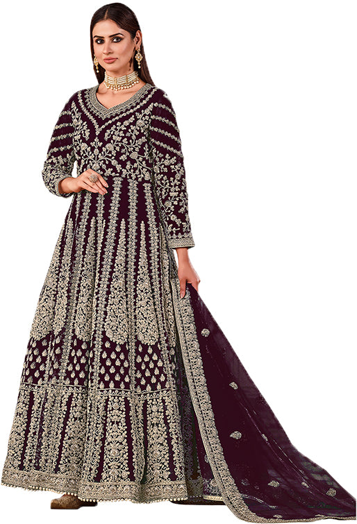 Shafnufab Women's Net Semi-Stitched Pakistani Suit For Wedding ( SF171612 _ Brown _ Free Size)