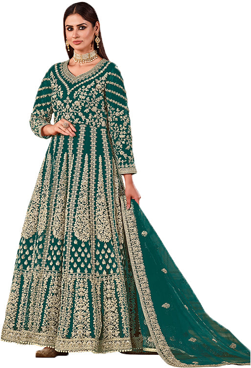 Shafnufab Women's Net Semi-Stitched Pakistani Suit For Wedding ( SF171613 _ Green _ Free Size)