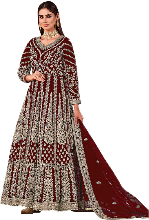 Shafnufab Women's Net Semi-Stitched Pakistani Suit For Wedding ( SF171614 _ Maroon _ Free Size)
