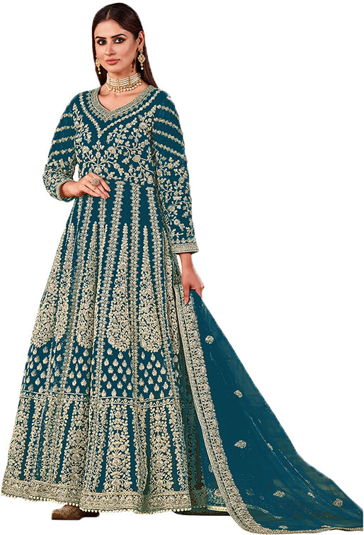 Shafnufab Women's Net Semi-Stitched Pakistani Suit For Wedding ( SF171615 _ Tourquise _ Free Size)