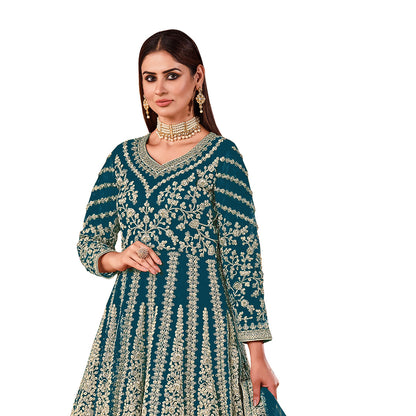 Shafnufab Women's Net Semi-Stitched Pakistani Suit For Wedding ( SF171615 _ Tourquise _ Free Size)