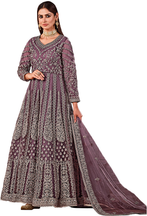 Shafnufab Women's Net Semi-Stitched Pakistani Suit For Wedding ( SF171616 _ Purple _ Free Size)