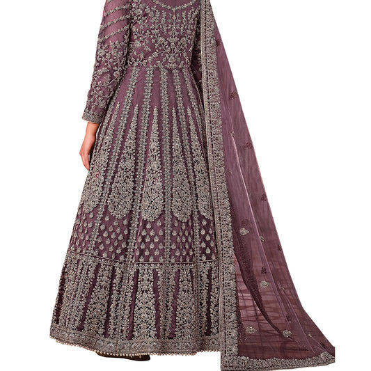 Shafnufab Women's Net Semi-Stitched Pakistani Suit For Wedding ( SF171616 _ Purple _ Free Size)
