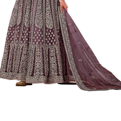 Shafnufab Women's Net Semi-Stitched Pakistani Suit For Wedding ( SF171616 _ Purple _ Free Size)
