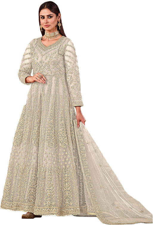 Shafnufab Women's Net Semi-Stitched Pakistani Suit For Wedding ( SF171617 _ White _ Free Size)