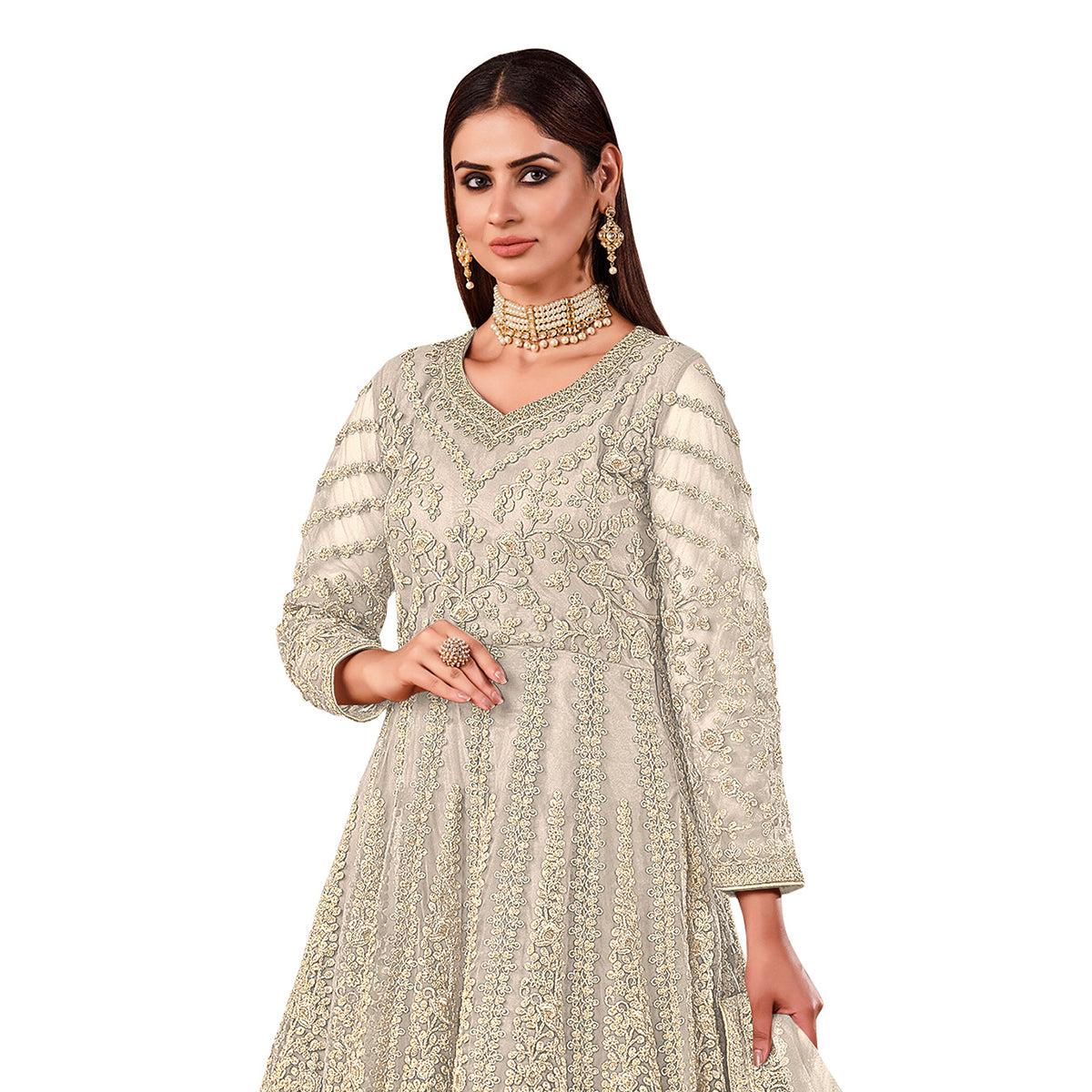 Shafnufab Women's Net Semi-Stitched Pakistani Suit For Wedding ( SF171617 _ White _ Free Size)