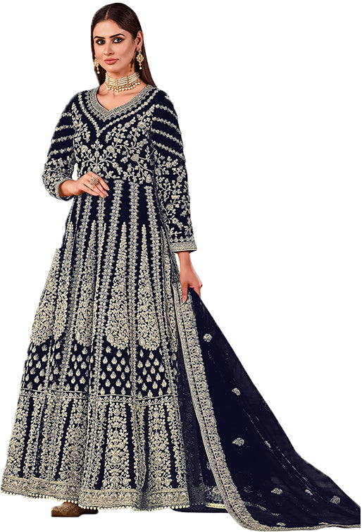 Shafnufab Women's Net Semi-Stitched Pakistani Suit For Wedding ( SF171618 _ Blue _ Free Size)