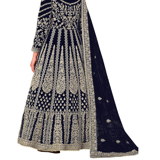 Shafnufab Women's Net Semi-Stitched Pakistani Suit For Wedding ( SF171618 _ Blue _ Free Size)