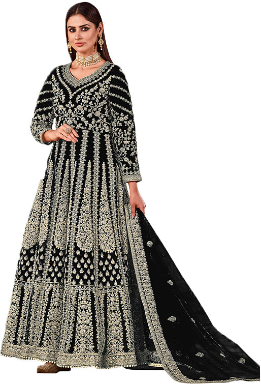 Shafnufab Women's Net Semi-Stitched Pakistani Suit For Wedding ( SF171619 _ Black _ Free Size)