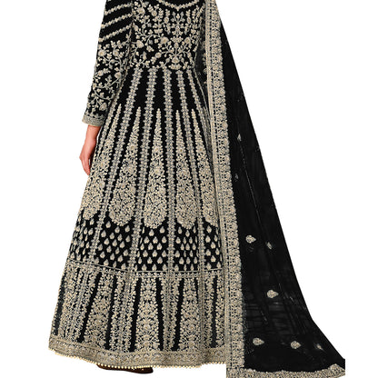 Shafnufab Women's Net Semi-Stitched Pakistani Suit For Wedding ( SF171619 _ Black _ Free Size)