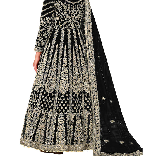 Shafnufab Women's Net Semi-Stitched Pakistani Suit For Wedding ( SF171619 _ Black _ Free Size)