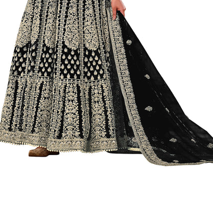 Shafnufab Women's Net Semi-Stitched Pakistani Suit For Wedding ( SF171619 _ Black _ Free Size)