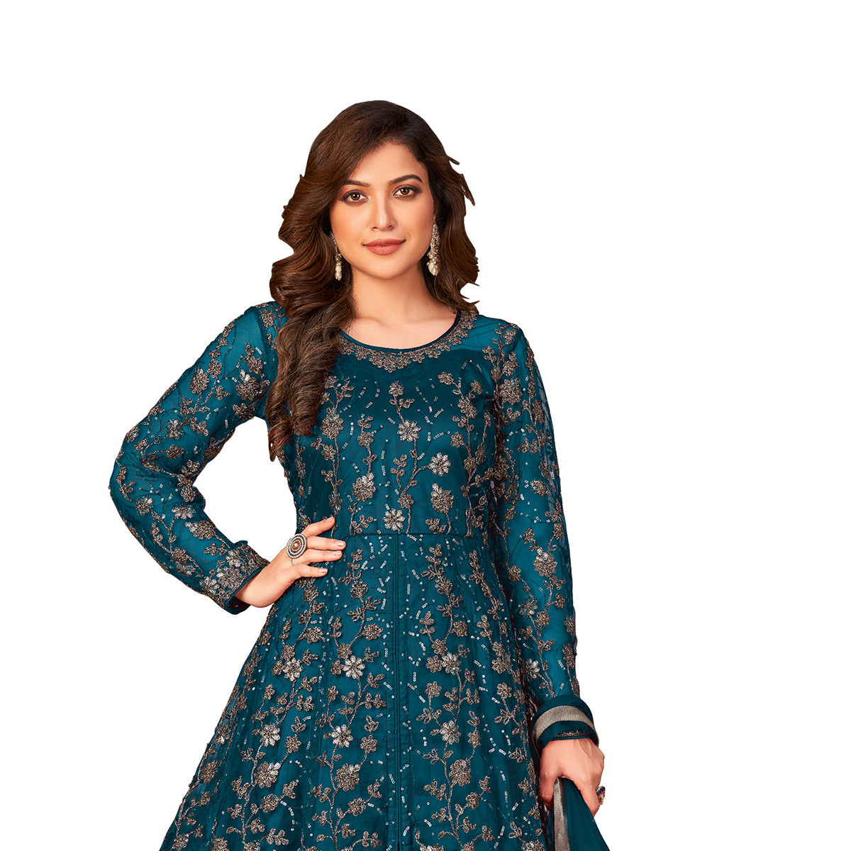 Shafnufab Women's Net Semi-Stitched Pakistani Suit For Wedding ( SF171645 _ Tourquise _ Free Size)