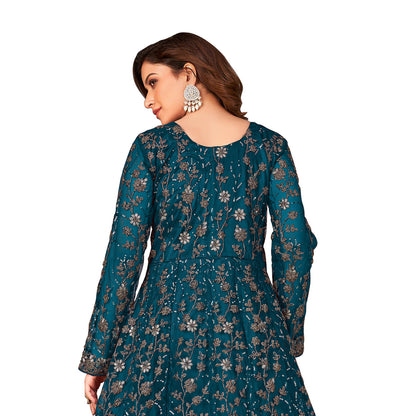 Shafnufab Women's Net Semi-Stitched Pakistani Suit For Wedding ( SF171645 _ Tourquise _ Free Size)