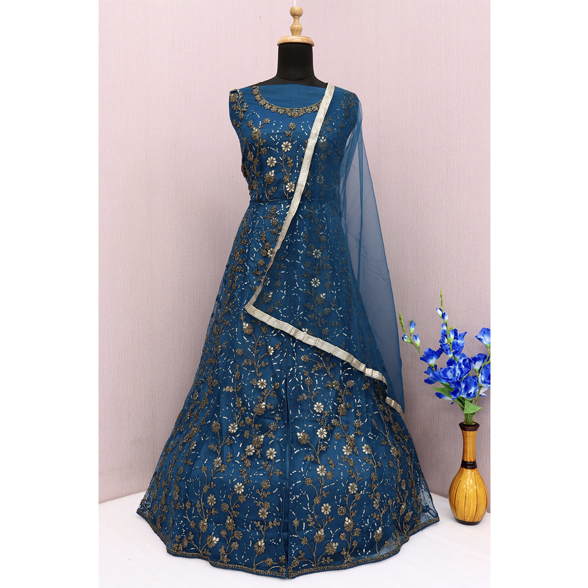 Shafnufab Women's Net Semi-Stitched Pakistani Suit For Wedding ( SF171645 _ Tourquise _ Free Size)