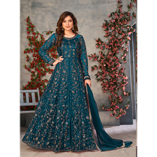 Shafnufab Women's Net Semi-Stitched Pakistani Suit For Wedding ( SF171645 _ Tourquise _ Free Size)
