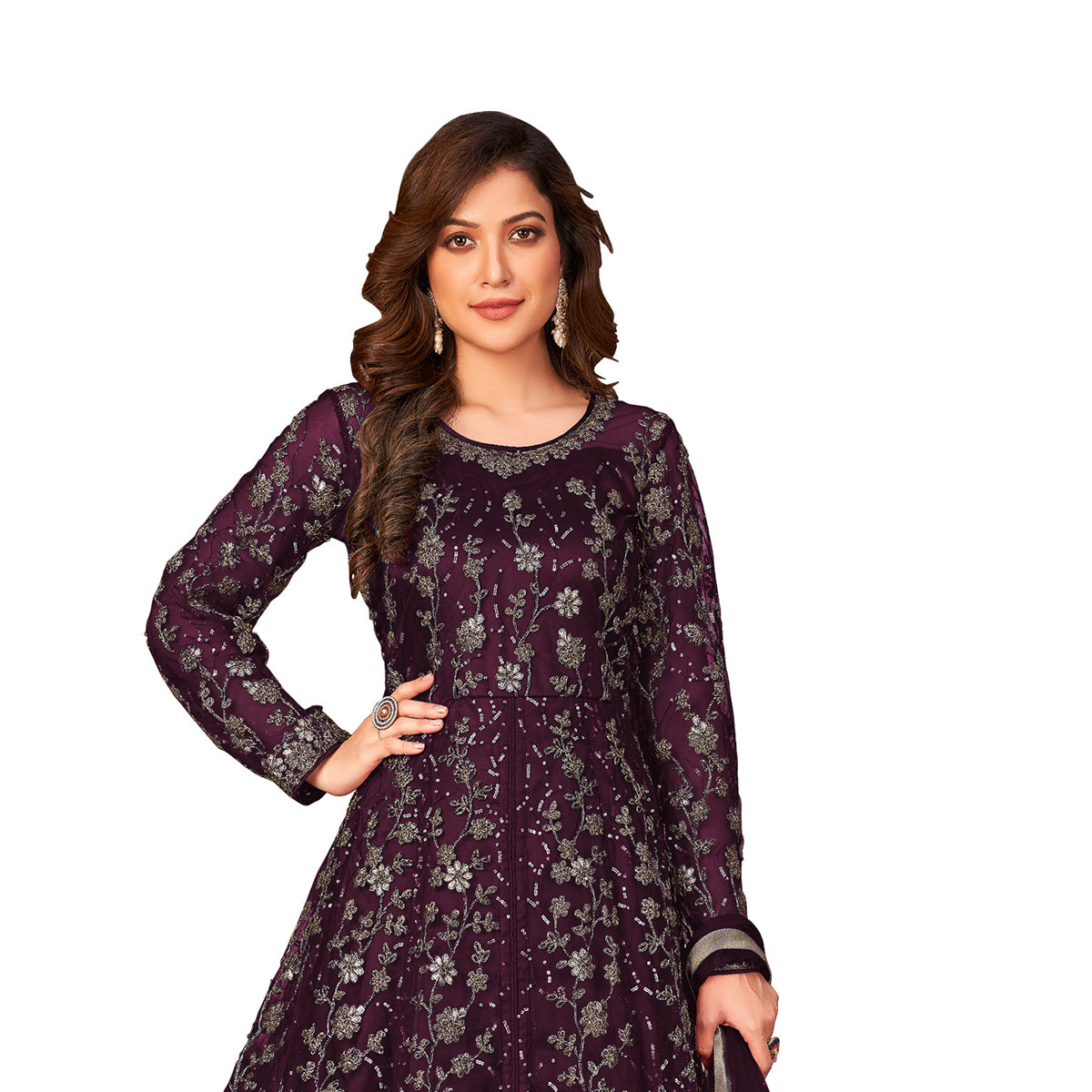 Shafnufab Women's Net Semi-Stitched Pakistani Suit For Wedding ( SF171646 _ Purple _ Free Size)