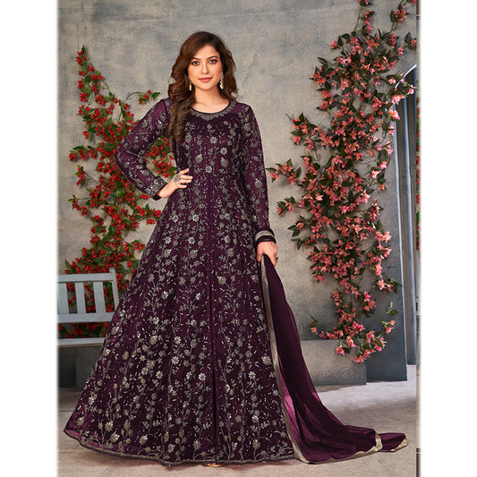 Shafnufab Women's Net Semi-Stitched Pakistani Suit For Wedding ( SF171646 _ Purple _ Free Size)