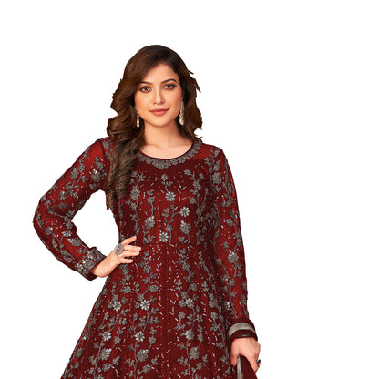 Shafnufab Women's Net Semi-Stitched Pakistani Suit For Wedding ( SF171647 _ Maroon _ Free Size)