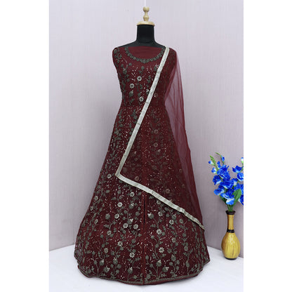 Shafnufab Women's Net Semi-Stitched Pakistani Suit For Wedding ( SF171647 _ Maroon _ Free Size)