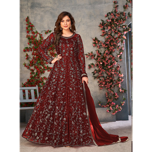 Shafnufab Women's Net Semi-Stitched Pakistani Suit For Wedding ( SF171647 _ Maroon _ Free Size)