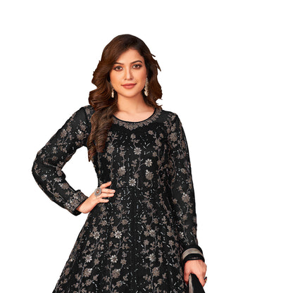 Shafnufab Women's Net Semi-Stitched Pakistani Suit For Wedding ( SF171648 _ Black _ Free Size)