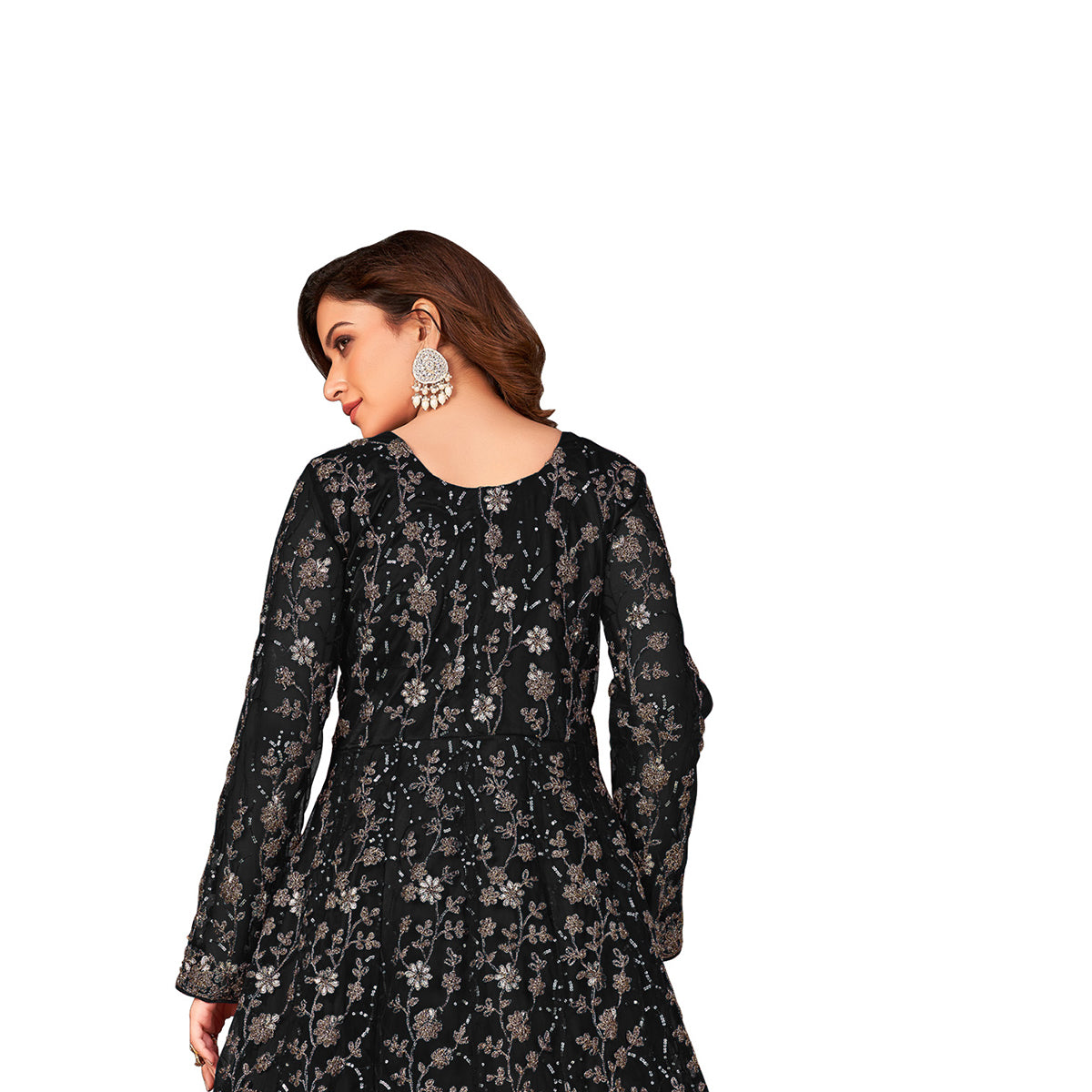 Shafnufab Women's Net Semi-Stitched Pakistani Suit For Wedding ( SF171648 _ Black _ Free Size)