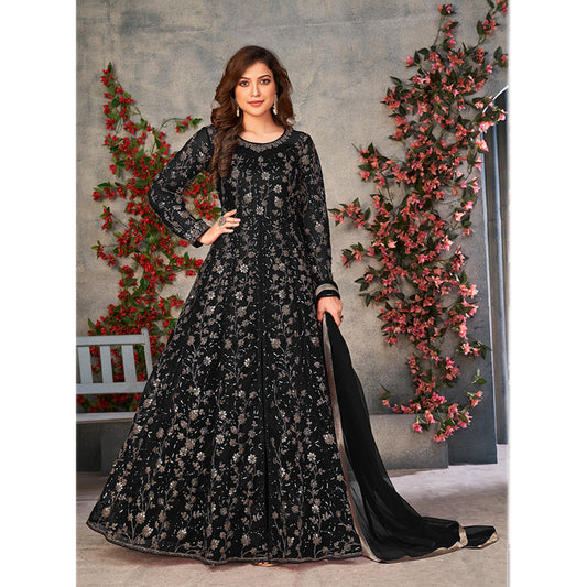 Shafnufab Women's Net Semi-Stitched Pakistani Suit For Wedding ( SF171648 _ Black _ Free Size)
