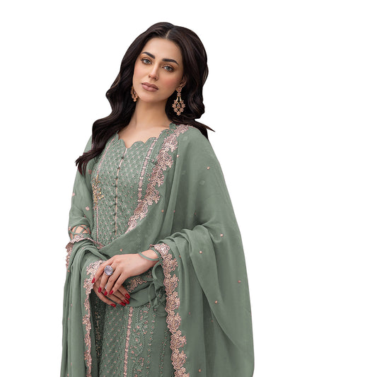 Shafnufab Women's  Georgette Semi-Stiched Pakistani Suit (SF171846 Green Free Size )