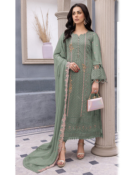 Shafnufab Women's  Georgette Semi-Stiched Pakistani Suit (SF171846 Green Free Size )