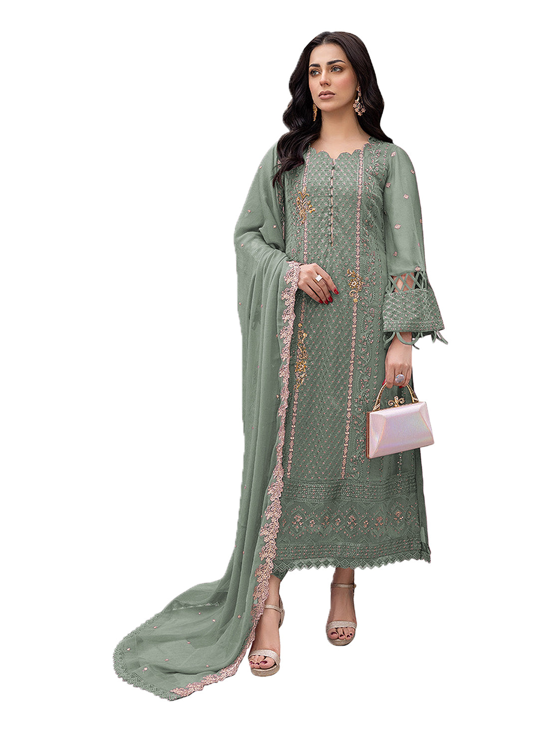 Shafnufab Women's  Georgette Semi-Stiched Pakistani Suit (SF171846 Green Free Size )