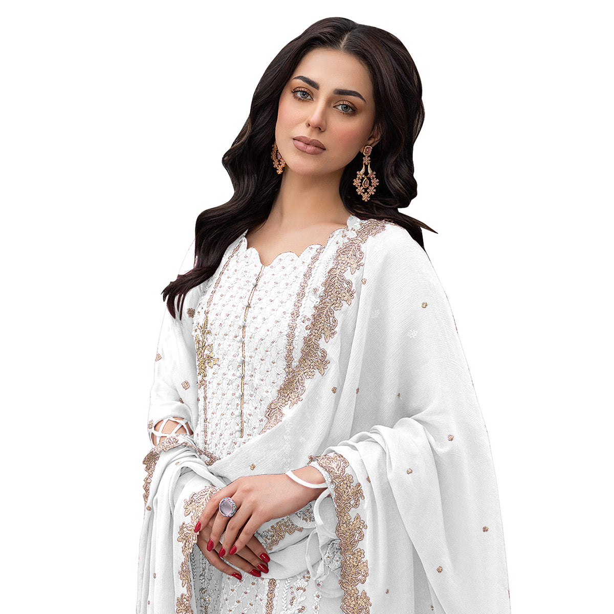 Shafnufab Women's  Georgette Semi-Stiched Pakistani Suit (SF171848 White Free Size )