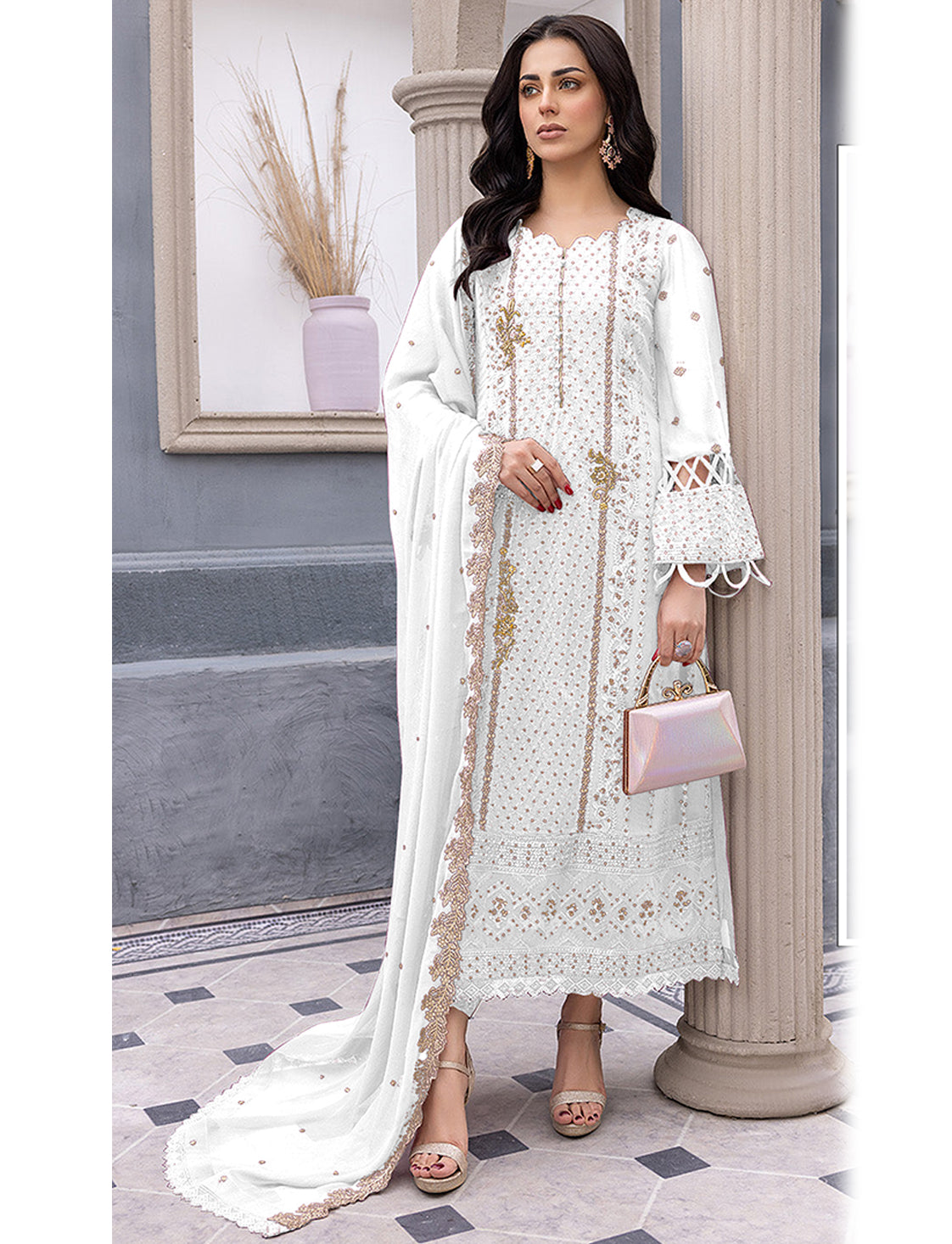 Shafnufab Women's  Georgette Semi-Stiched Pakistani Suit (SF171848 White Free Size )