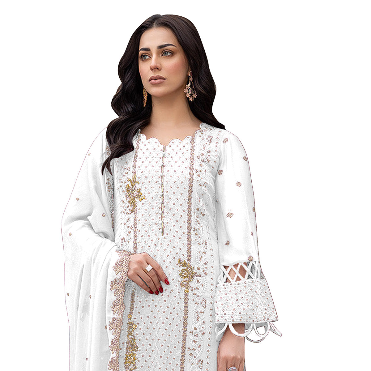 Shafnufab Women's  Georgette Semi-Stiched Pakistani Suit (SF171848 White Free Size )