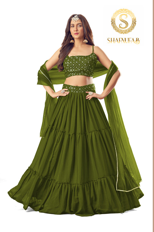 SHAFNUFAB Women's Georgette Semi Stitched lehengacholi SF201205  Diwali Outfit Embroidered lehengacholi Set Mint Green  Colour Indian Heavy Lehenga