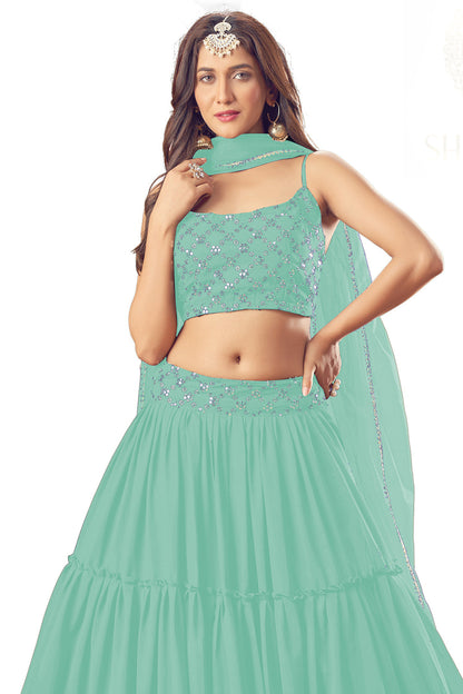 SHAFNUFAB Women's Georgette Semi Stitched lehengacholi SF201216  Diwali Outfit Embroidered lehengacholi Set Sky Blue  Colour Indian Heavy Lehenga