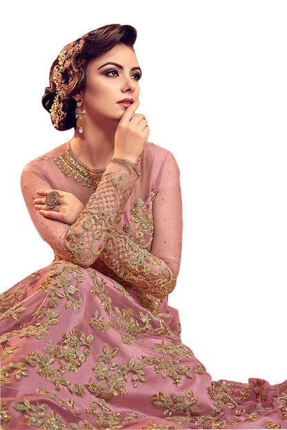 SHAFNUFAB Women's Net Ethnic Wear for WomenSemi StitchedSalwarSuit   SF20130  Diwali Outfit Bridal Peach  Colour Indian CasualWearSalwarSuit IN Eid