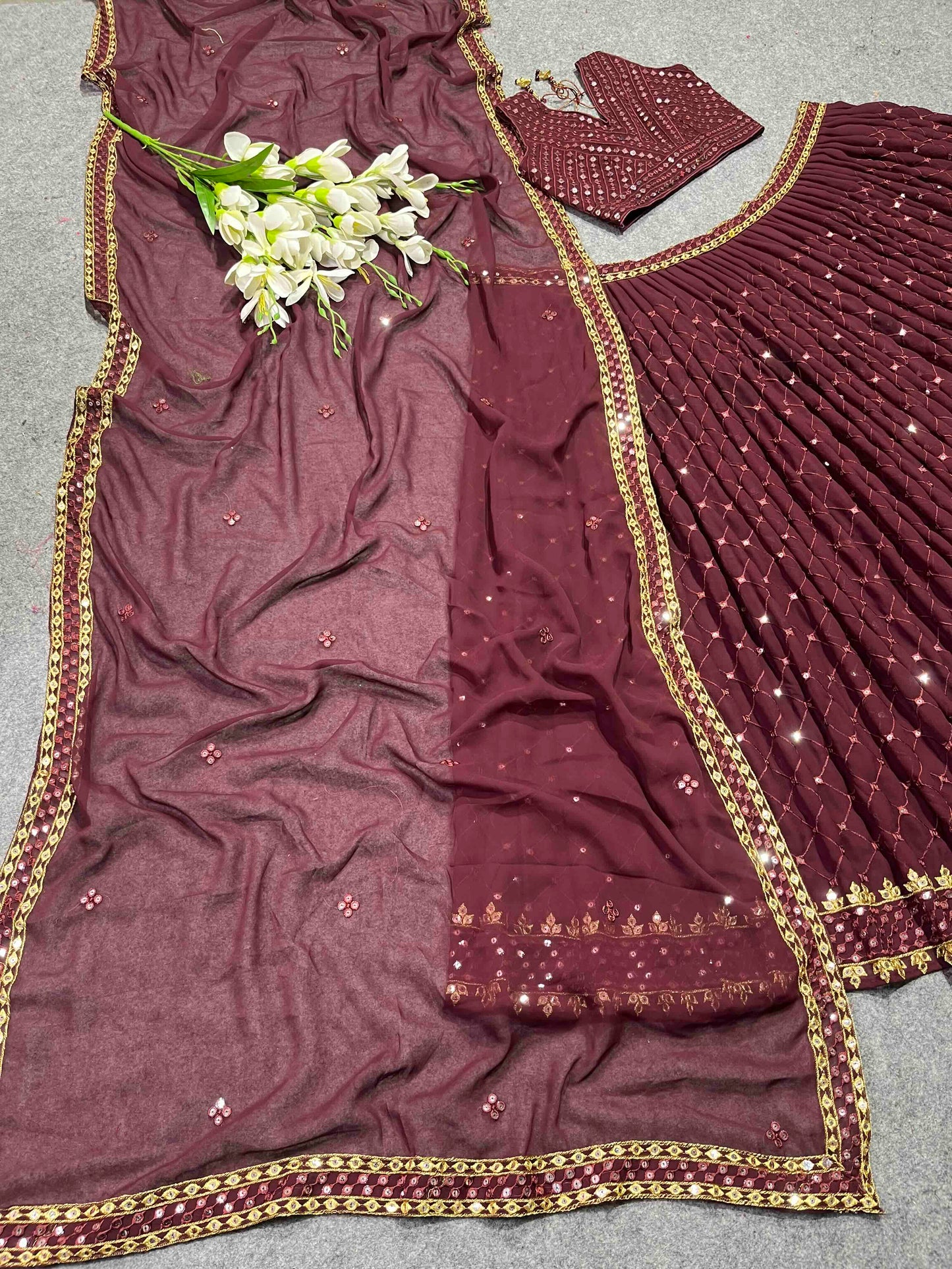 SHAFNUFAB Women's Georgette Semi Stitched lehengacholi SF201333  Diwali Outfit Embroidered lehengacholi Set Maroon  Colour Indian Heavy Lehenga