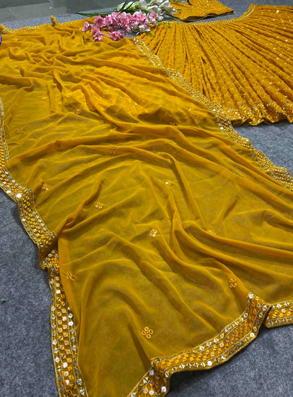 SHAFNUFAB Women's Georgette Semi Stitched lehengacholi SF201334  Diwali Outfit Embroidered lehengacholi Set Yellow  Colour Indian Heavy Lehenga