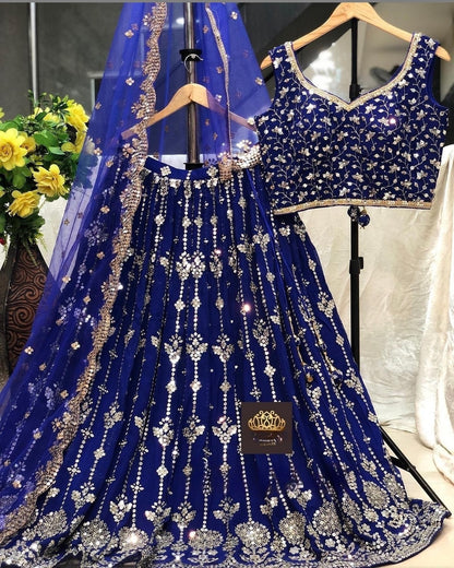 SHAFNUFAB Women's Georgette Semi Stitched lehengacholi SF201345  Diwali Outfit Embroidered lehengacholi Set Blue  Colour Indian Heavy Lehenga