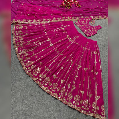 SHAFNUFAB Women's Georgette Semi Stitched lehengacholi SF201347  Diwali Outfit Embroidered lehengacholi Set Rani Pink  Colour Indian Heavy Lehenga