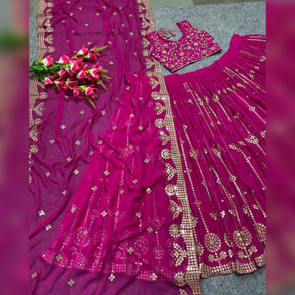 SHAFNUFAB Women's Georgette Semi Stitched lehengacholi SF201347  Diwali Outfit Embroidered lehengacholi Set Rani Pink  Colour Indian Heavy Lehenga